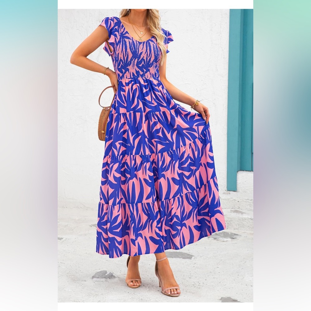 PrettyGarden Women’s Summer Flowy Maxi Dress Casual Cap Sleeve V Neck Smocked